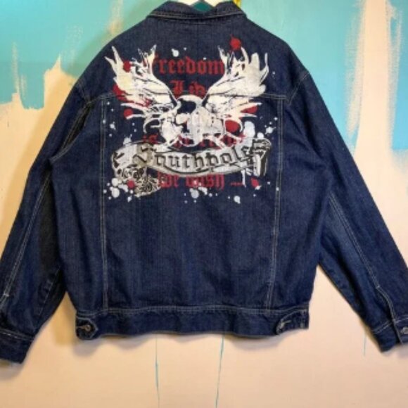 Southpole Denim Jacket Skull Wing Graphic Dark Blue Y2K XXL Vintage 2000s Men - Picture 1 of 5